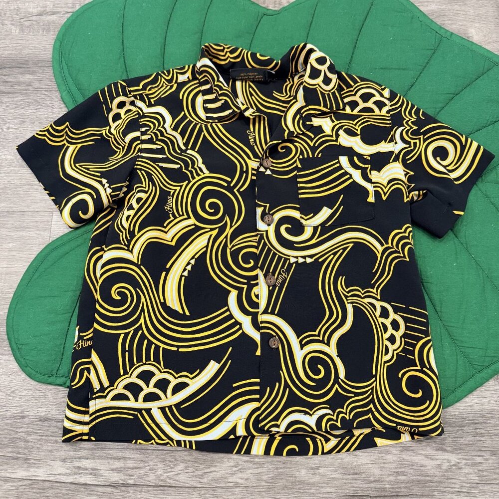 Hina Hawaii Boys Youth 8 Short Sleeve Black Yellow Aloha Shirt Button Front